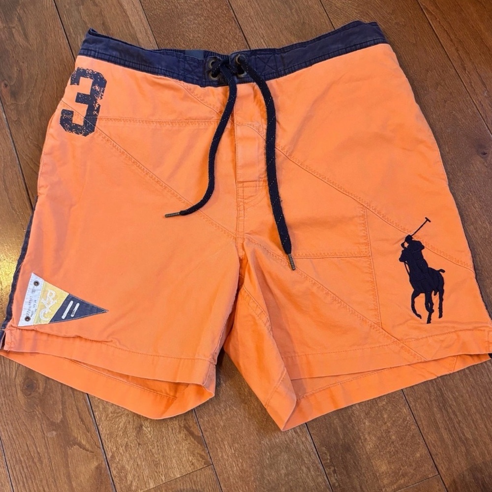 Vintage Mens Polo Ralph Lauren Nautical Big Pony Swim Trunks 6" Orange Navy S